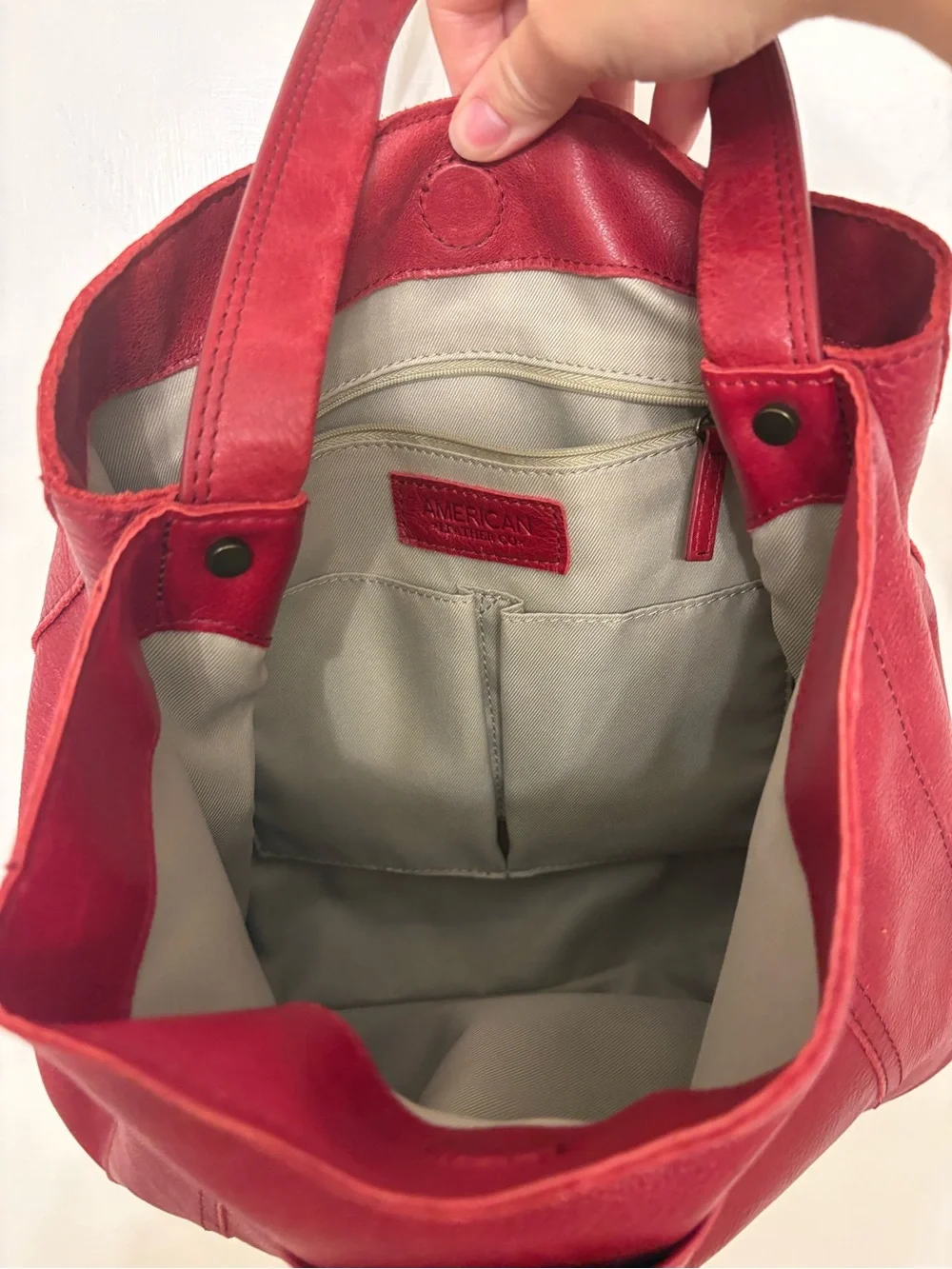 American Leather Co Red Pebble Leather Hobo Shopper Tote Bag Slouchy Studs